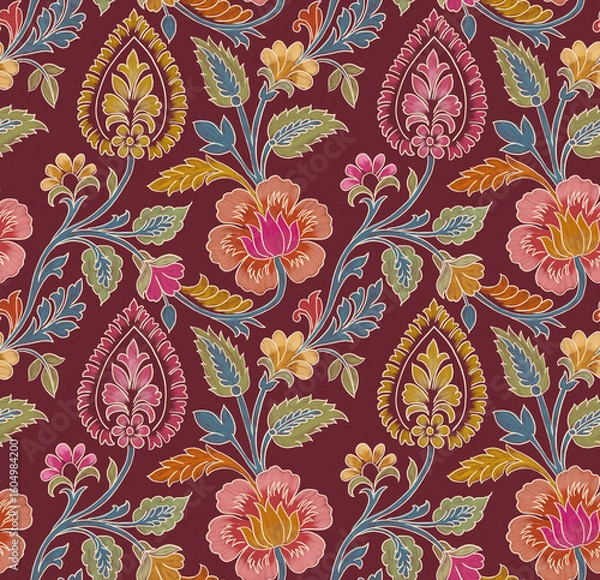 Fototapeta Vintage Indian Floral Motif Pattern – Colorful Traditional Textile Design for Fabric and Wallpaper