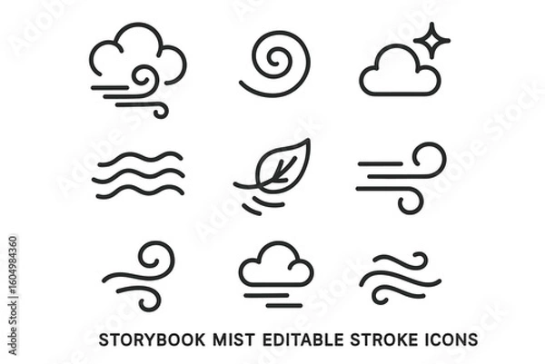 Fototapeta Minimalist wind and weather icon set with clouds and leaves