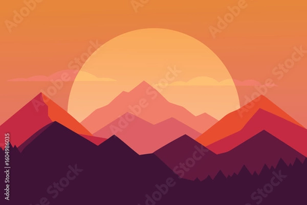 Fototapeta Minimalist flat design of a mountain landscape at sunset with warm colors.