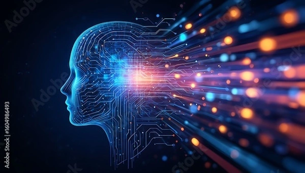 Obraz Abstract digital human head with glowing data streams flowing outwards representing artificial intelligence and technology