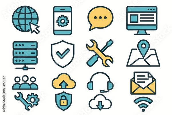 Fototapeta Colorful digital technology icons: web, mobile, cloud, security, navigation tools