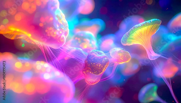 Fototapeta Complex connections of hallucinogenic mushroom mycelium intertwined with neural networks, with glowing lines and nodes in shades of blue, purple and neon green in a flow of signals and substances