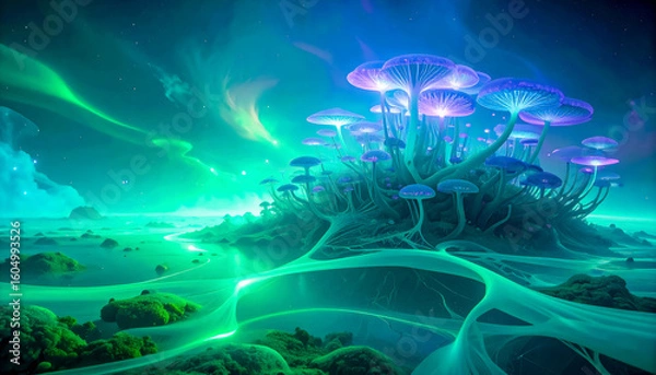 Fototapeta Complex connections of hallucinogenic mushroom mycelium intertwined with neural networks, with glowing lines and nodes in shades of blue, purple and neon green in a flow of signals and substances