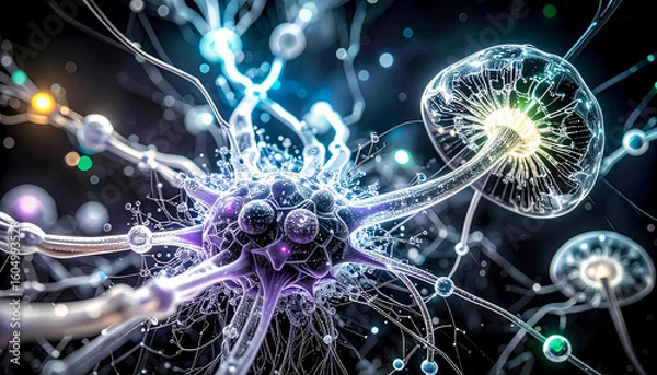 Fototapeta Complex connections of hallucinogenic mushroom mycelium intertwined with neural networks, with glowing lines and nodes in shades of blue, purple and neon green in a flow of signals and substances