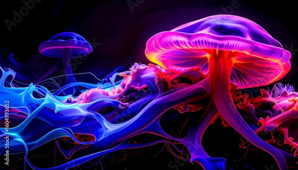 Fototapeta Complex connections of hallucinogenic mushroom mycelium intertwined with neural networks, with glowing lines and nodes in shades of blue, purple and neon green in a flow of signals and substances