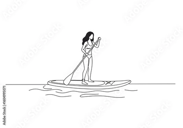 Fototapeta A woman in a swimsuit paddle boarding on water with a paddle in a line drawing style