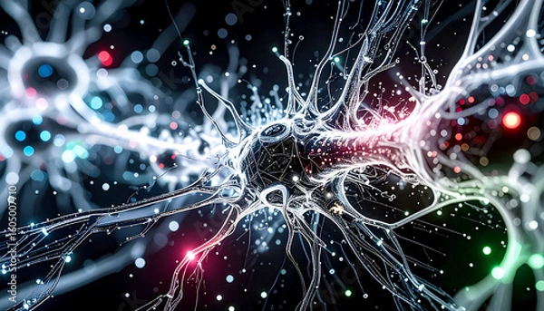 Fototapeta Complex dynamic cellular connections of neural networks with glowing lines and nodes in shades of blue, violet and neon green in the flow of signals and substances
