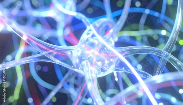 Fototapeta Complex dynamic cellular connections of neural networks with glowing lines and nodes in shades of blue, violet and neon green in the flow of signals and substances