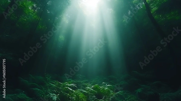 Obraz Sunlight piercing a dark, lush forest