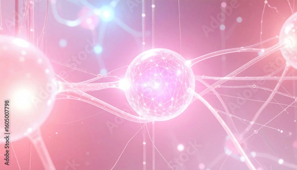 Fototapeta Complex dynamic cellular connections of neural networks with glowing lines and nodes in shades of blue, violet and neon green in the flow of signals and substances