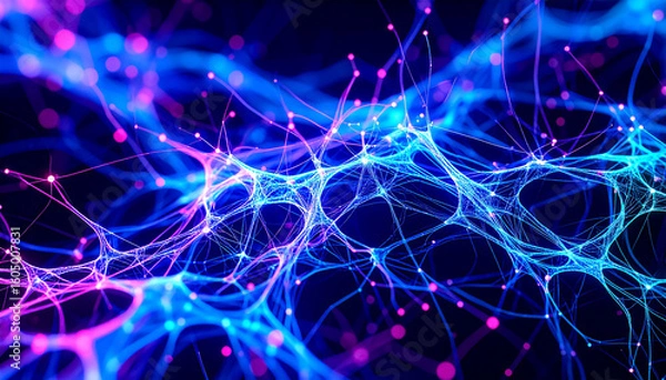 Fototapeta Complex dynamic cellular connections of neural networks with glowing lines and nodes in shades of blue, violet and neon green in the flow of signals and substances