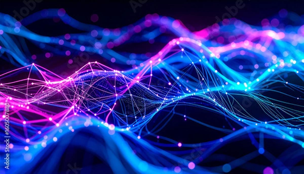 Fototapeta Complex dynamic cellular connections of neural networks with glowing lines and nodes in shades of blue, violet and neon green in the flow of signals and substances