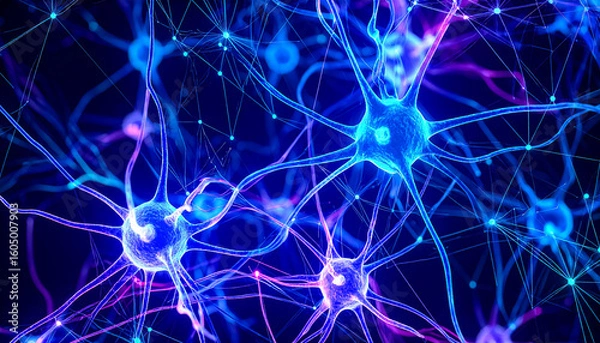 Fototapeta Complex dynamic cellular connections of neural networks with glowing lines and nodes in shades of blue, violet and neon green in the flow of signals and substances
