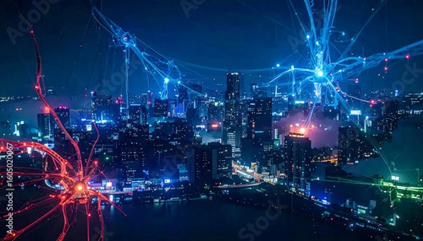 Fototapeta Dynamic movement and superposition of translucent electronic threads on an futuristic urban background, evoking the complexity of blockchain and the electrical activity of signal and data flow
