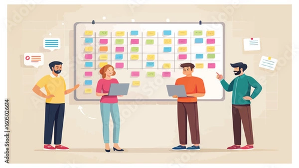 Fototapeta Agile team planning project with task board and sticky notes illustration
