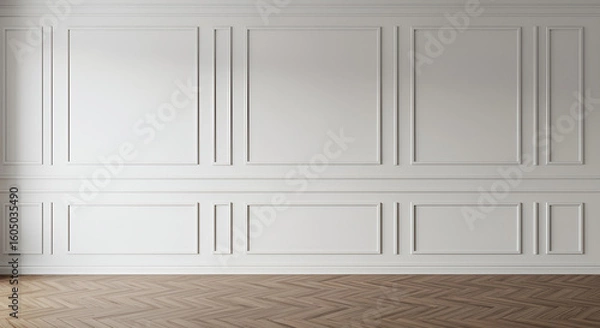 Fototapeta Room interior with white classic wall panel and wooden floor. Light background with luxury elegant molding frames. Realistic 3d vector illustration of home or office design with moulding and parquet
