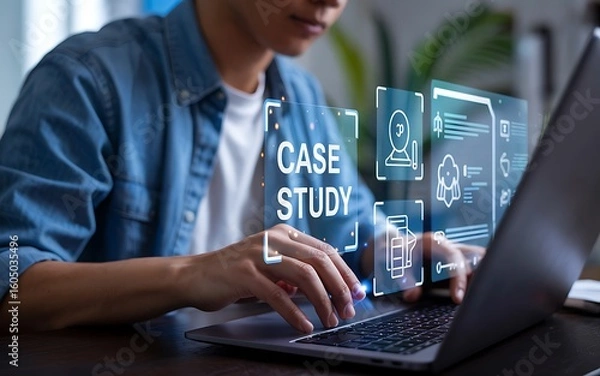 Fototapeta Person typing on laptop with case study infographic