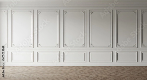 Fototapeta Room interior with white classic wall panel and wooden floor. Light background with luxury elegant molding frames. Realistic 3d vector illustration of home or office design with moulding and parquet
