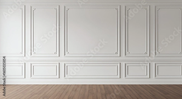 Fototapeta Room interior with white classic wall panel and wooden floor. Light background with luxury elegant molding frames. Realistic 3d vector illustration of home or office design with moulding and parquet