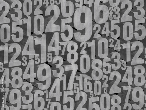 Fototapeta grey cement numbers of many sizes stacked on top of each other on black background, business, decor, fashion, copy space