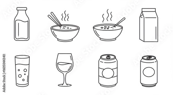 Fototapeta Simple line art icons depicting various food and drink items, including milk, bowls of soup, chopsticks, and beverages.