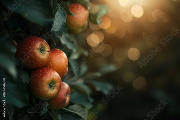 Fototapeta Lush july orchard with abundant ripe apples growing on trees in a vibrant garden setting