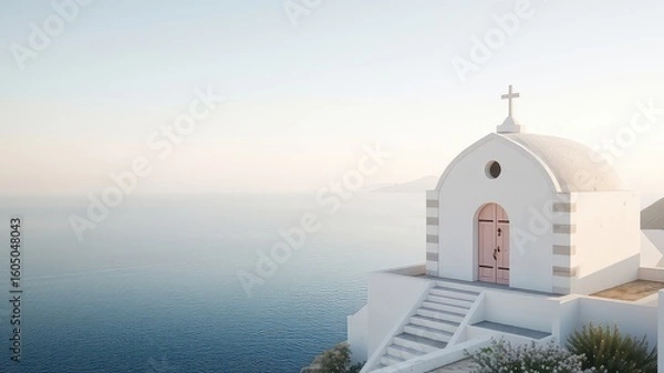 Fototapeta Small White Building with Cross Overlooking the Water at Sunrise with Warm Light and Stairs Leading to Doorway
