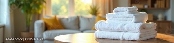 Fototapeta Stack of fluffy white towels on table, bokeh living room , domestic, simple, neat