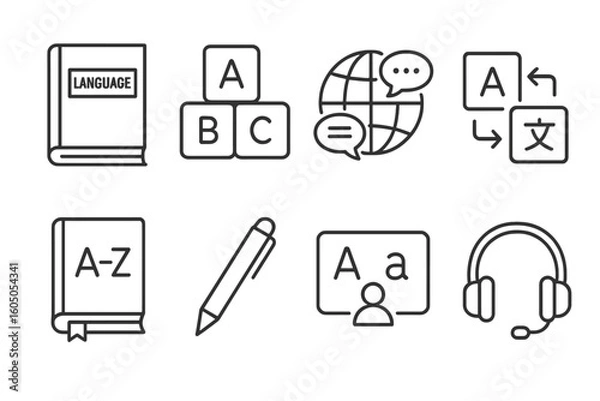 Fototapeta Language learning icons set featuring translation and communication elements