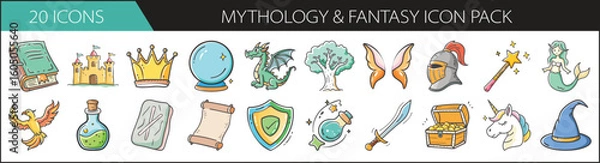Fototapeta Mythology and Fantasy Doodle Icon Collection - Whimsical hand-drawn icons featuring magical creatures, enchanted objects, and fantasy elements—great for games, stories, or creative projects.