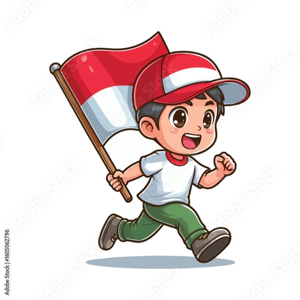 Fototapeta cartoon vector of children running carrying the Indonesian red and white flag