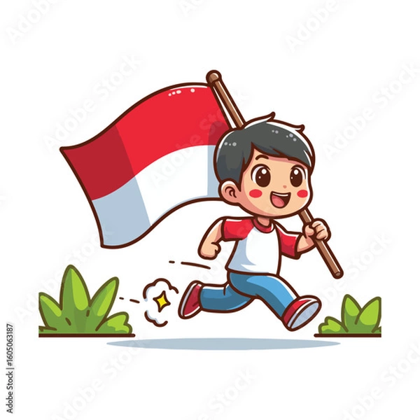 Fototapeta cartoon vector of children running carrying the Indonesian red and white flag