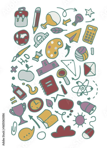 Obraz Back to school vector set of bright elements. Educational clipart. School supplies. Cute flat style classroom objects. Ready for school stuff. Back to school. Vector illustration