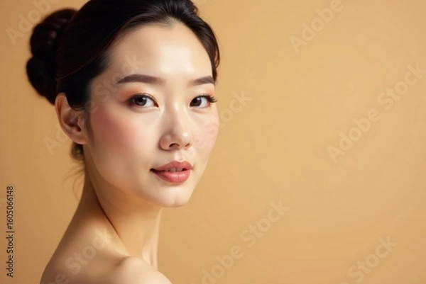 Fototapeta Elegant Asian-inspired makeup, luxurious beige backdrop, cosmetic products, beauty, skincare