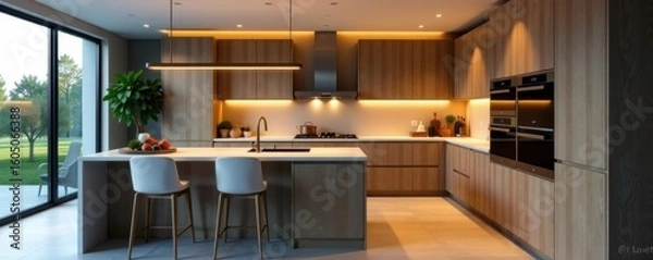 Fototapeta High-end kitchen, integrated appliances, pendant lighting, farmhouse, copper, island