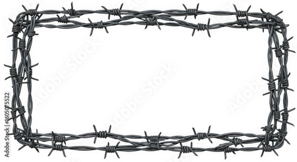 Fototapeta A stark barbed wire frame against a white backdrop ideal for conveying security restriction or edgy design with its sharp metallic texture isolated on transparent background