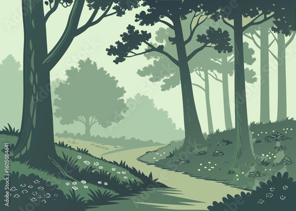 Fototapeta Serene forest path with wildflowers and trees nature