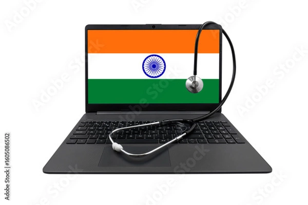Fototapeta Laptop with India flag on screen and medical stethoscope on transparent background. Indian healthcare system concept