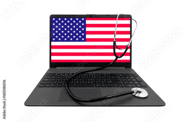 Fototapeta Laptop with USA flag on screen and medical stethoscope on transparent background. Concept of medical consultation and US healthcare system