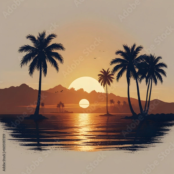 Fototapeta Scenic Island Sunset with Palm Trees and Ocean Reflection