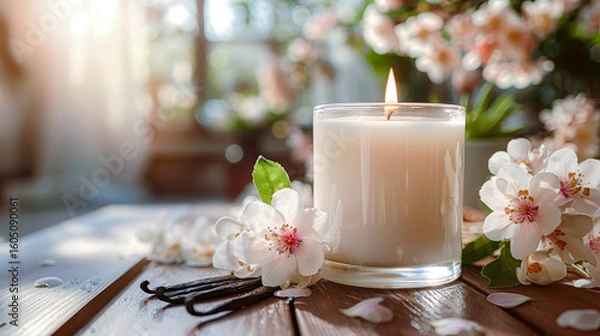 Fototapeta Mock up scented candle fills the air with soothing floral and vanilla aroma, surrounded by delicate blossoms and fragrant spices, creating a serene and inviting ambiance. Copy space