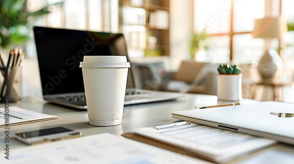Fototapeta Mock up paper coffee cup with cup holder on a wooden table nearby scattered documents and an open laptop as morning light fills the office. Copy space.