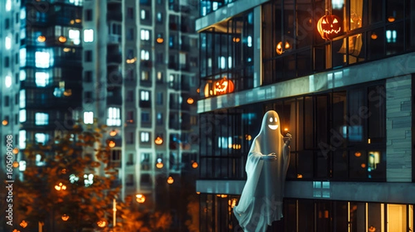 Fototapeta Smiling ghost, holding a mobile phone, drifts among high-rise apartment buildings adorned with glowing Halloween decorations. Copy space