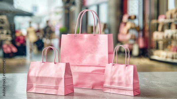 Fototapeta Pink paper bags are arranged elegantly against a blurred background of a lively cosmetics store, inviting shoppers to indulge in beauty essentials and gifts.