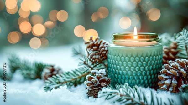 Fototapeta Mock up scented candle in green glass jar near snowy fir branches with pinecones, as golden sunlight filters through a winter wonderland, creating a cozy, serene atmosphere. Copy space