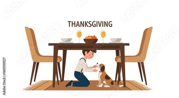 Fototapeta Boy Petting His Dog Under Table During Thanksgiving Dinner Celebration
