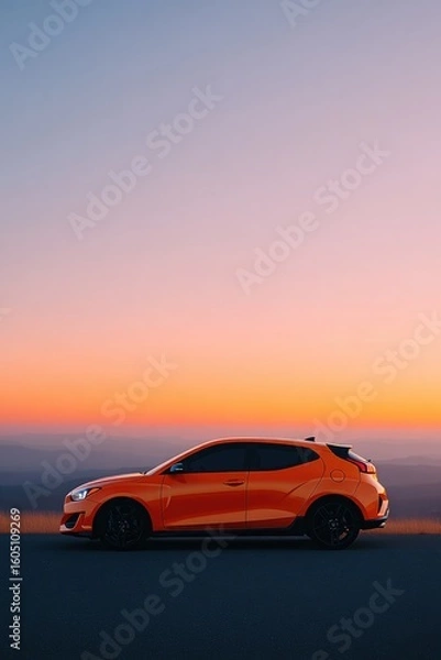 Obraz silhouette of modern electric car parked on empty road at sunset