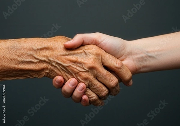 Fototapeta An elderly hand shakes a younger hand in a gesture of agreement and support