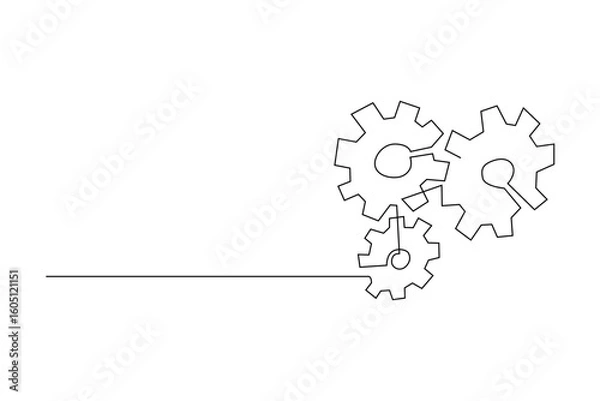Fototapeta Continuous line art depicting gears interlocking It shows interconnectedness and mechanics White backdrop