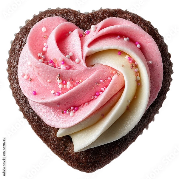 Fototapeta Heart shaped cupcake with pink and white frosting for valentines day  isolated on transparent background